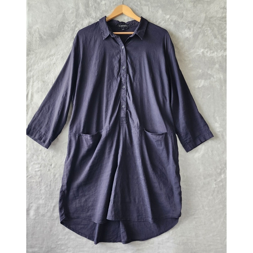 Eileen Fisher Linen Tunic Dress Womens Size Large Navy Blue Button Front Pockets